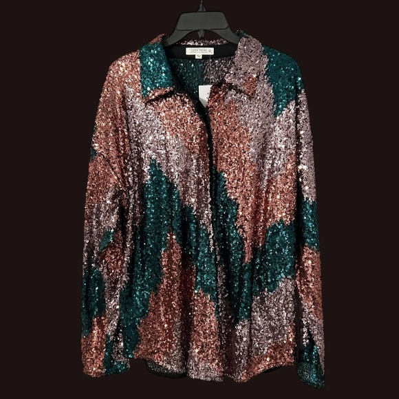 12th Tribe Genevieve Emerald Sequin Button-Up Size Medium NEW As Seen On TikTok - Picture 1 of 9